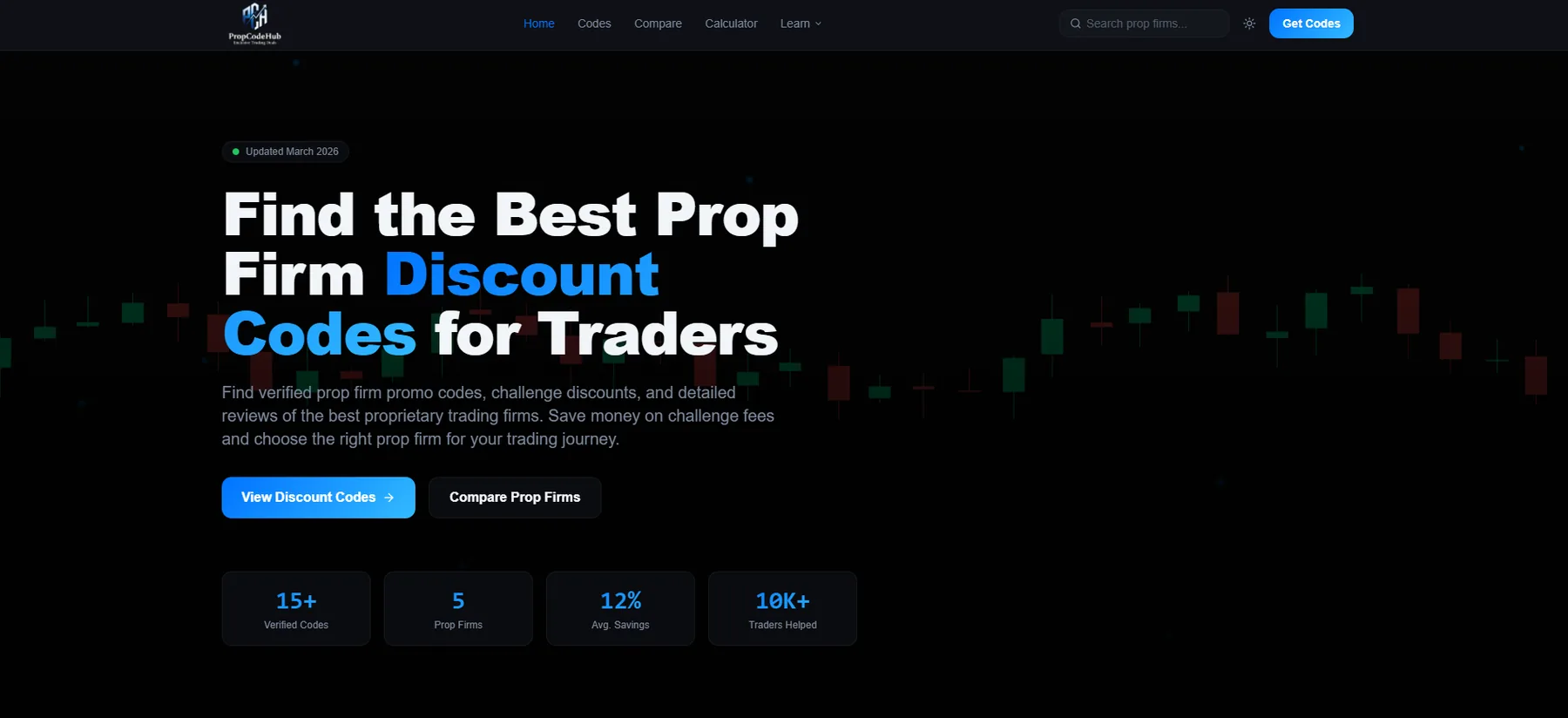 PropCodeHub landing page with hero headline and key stats