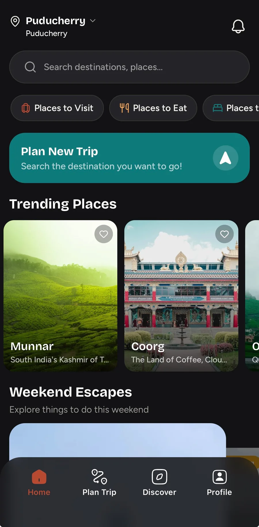 Tripknot home screen in dark mode