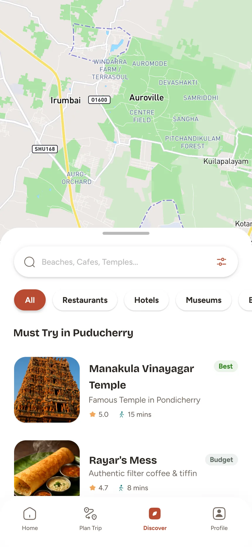 Discover screen with map view and nearby places to eat and visit