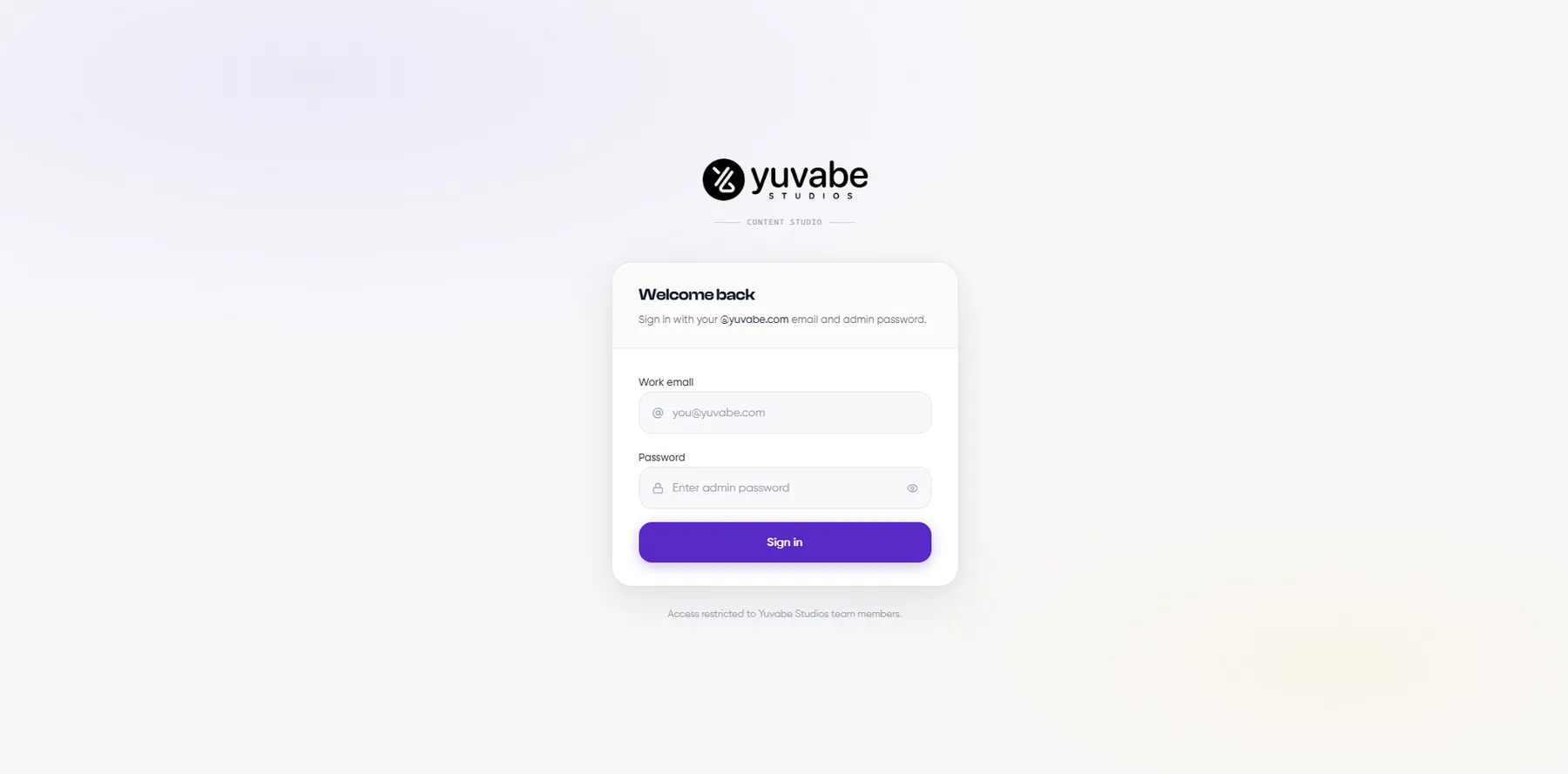 Content Studio admin sign-in screen, restricted to Yuvabe Studios team emails