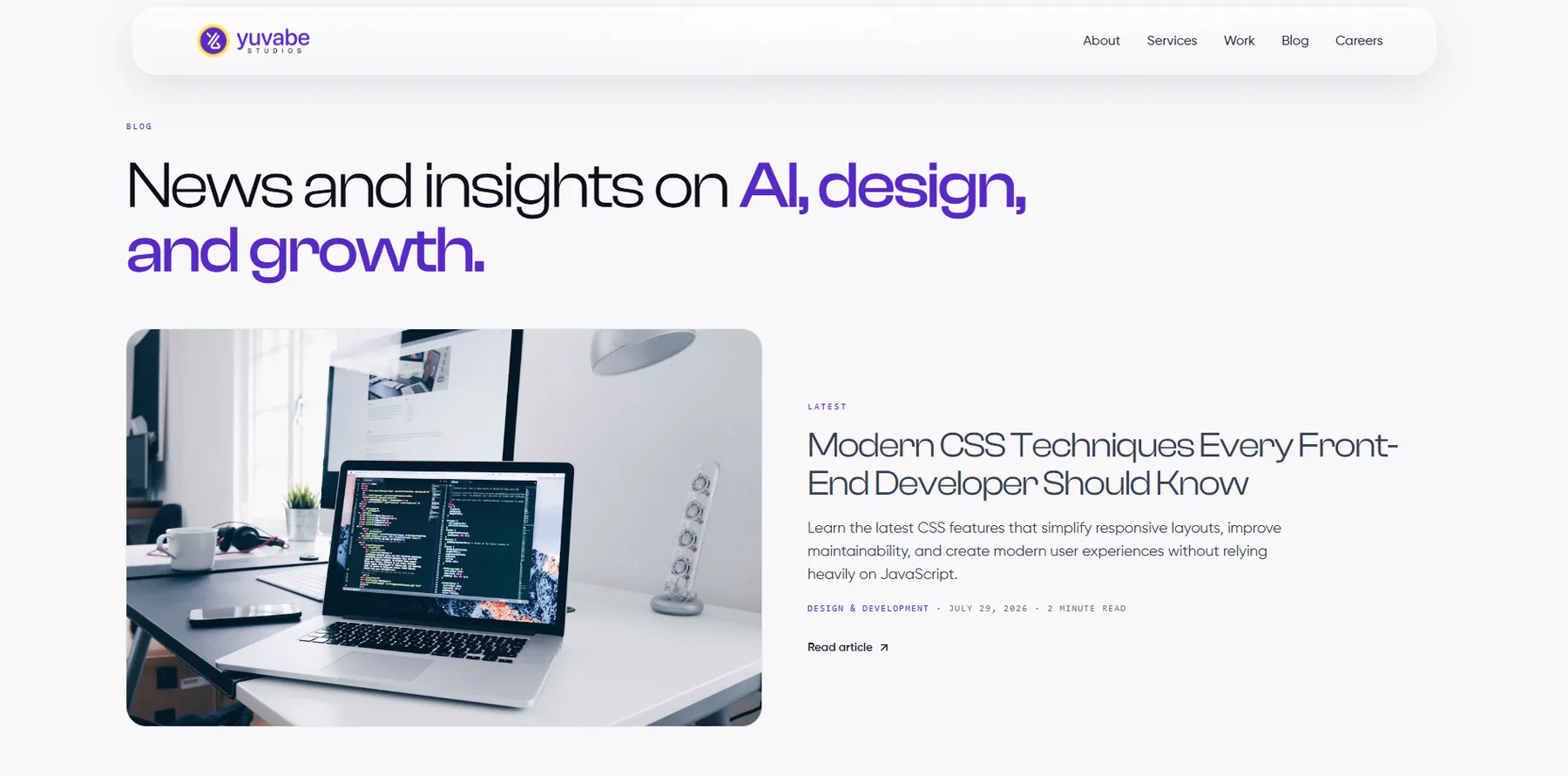 Blog landing page with featured article, category and reading time