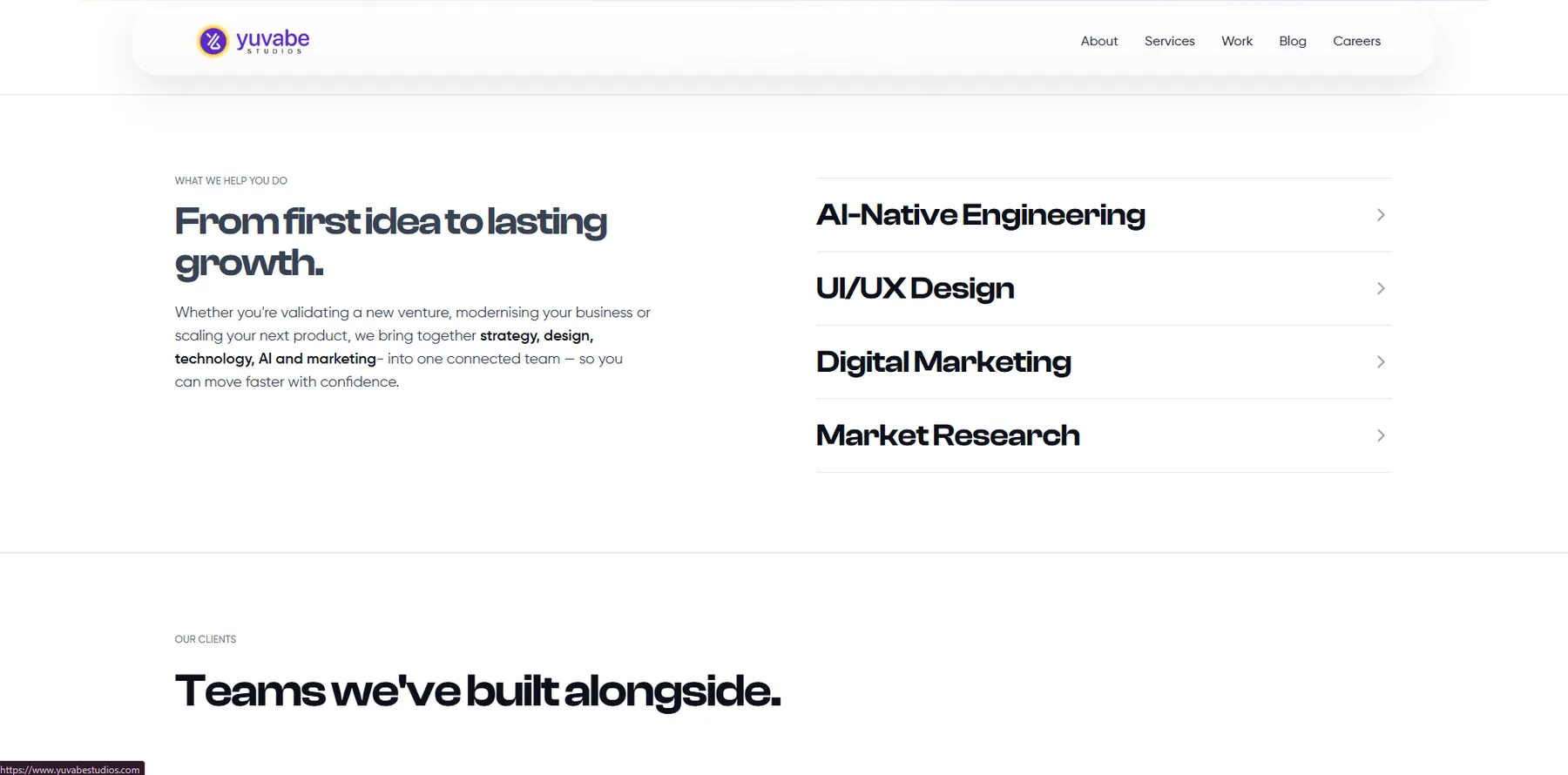 Services overview listing AI-Native Engineering, UI/UX Design, Digital Marketing and Market Research