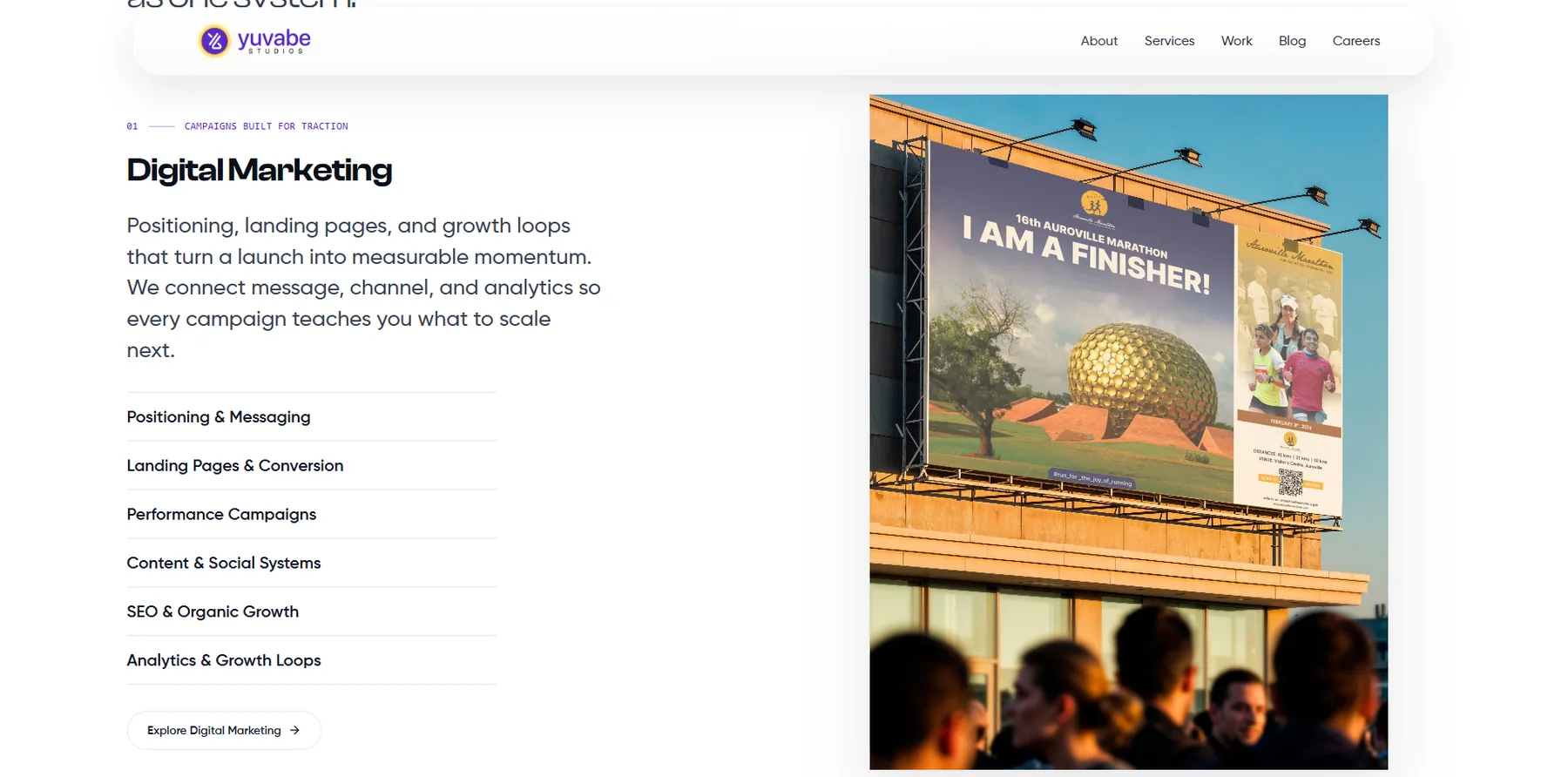 Digital Marketing service section with capability list and campaign imagery